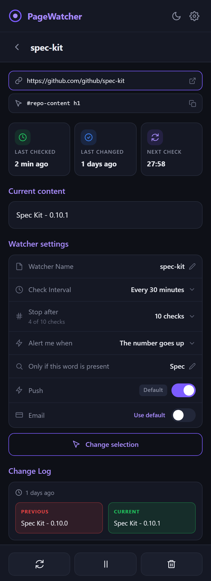A watcher's detail page