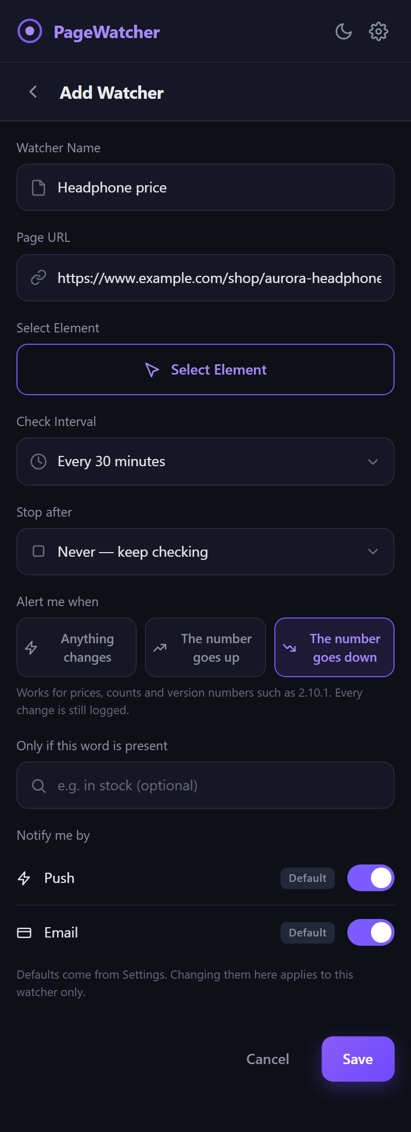 The Add Watcher form