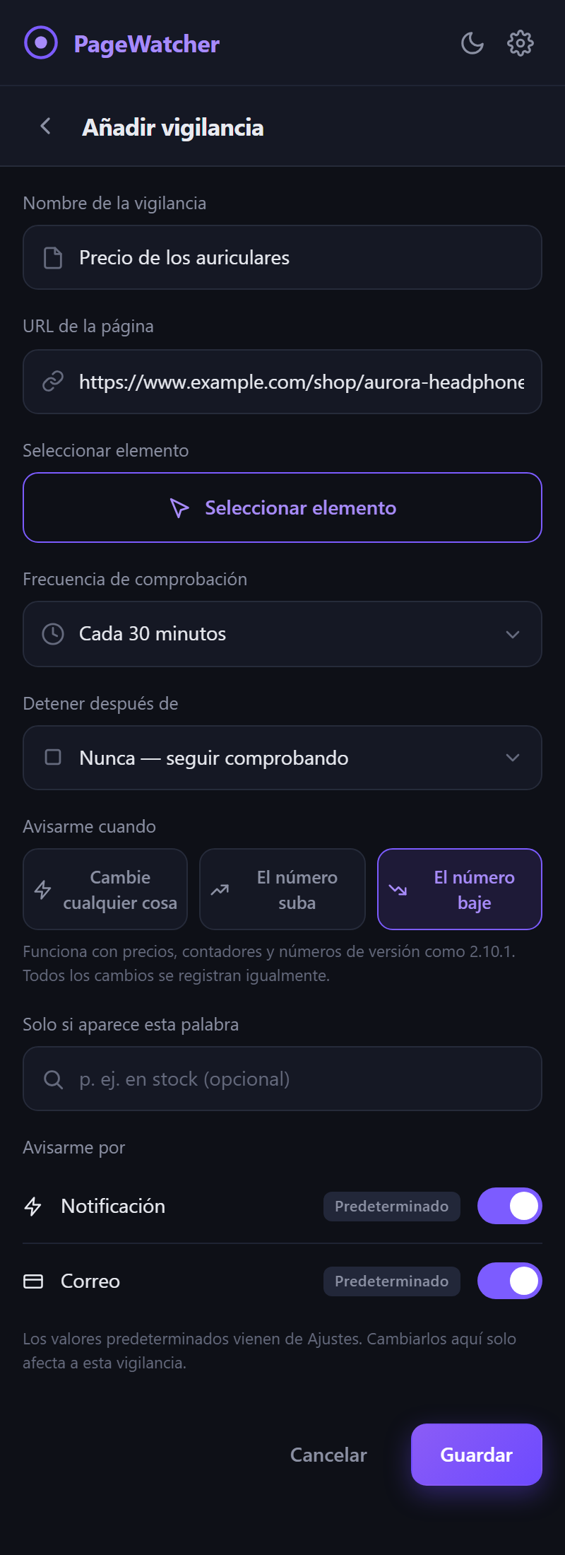 El formulario Añadir vigilancia