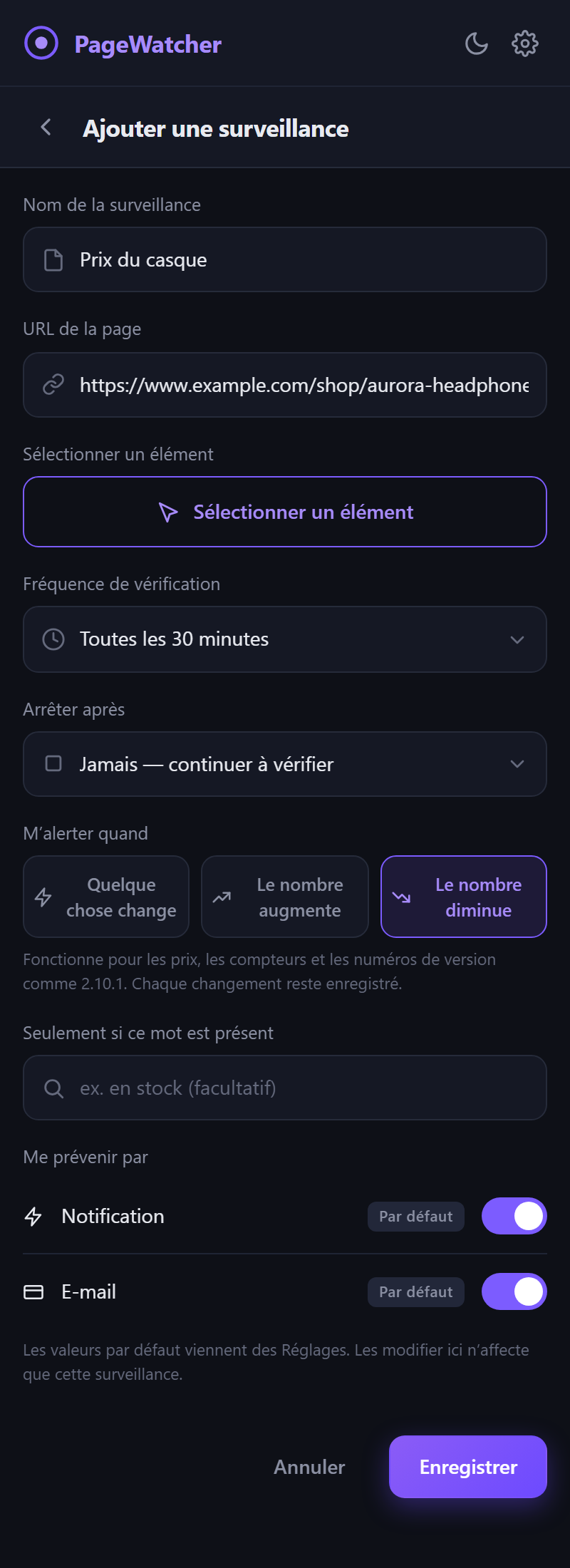Le formulaire Ajouter une surveillance