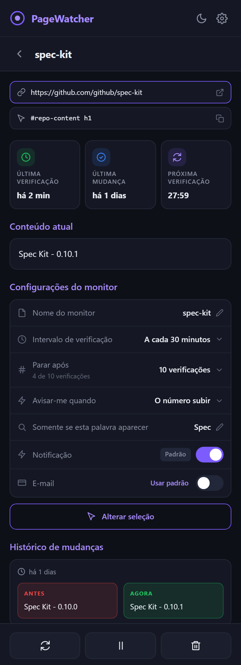 A página de detalhes de um monitor