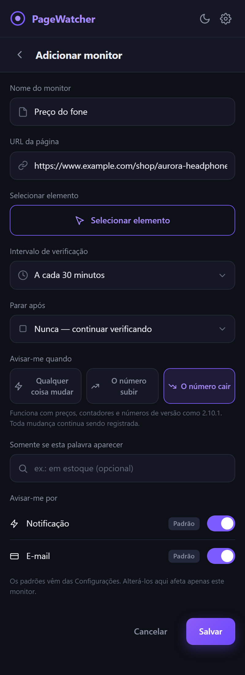O formulário Adicionar monitor